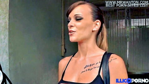 Tiffany Leiddi in black top, side profile for hard gangbang video