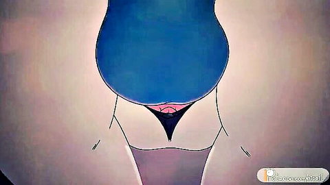Cartoon blue-skinned babe spreads thighs revealing pink pussy under black thong