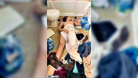 Young Asian teen fingers shaved pussy on messy bathroom floor exposing wet slit