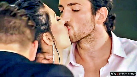 Alexa Tomas kissed passionately by colleague while dominated in office threesome