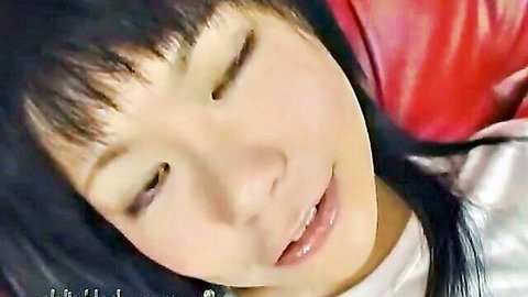 Seductive Japanese JAV star with black bangs and glossy lips in white top close-up