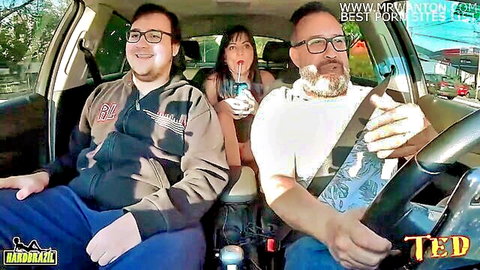 Pamela Panther blowjob in car with two men, testing coconut eater