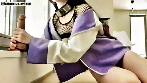 Elles as naughty Hinata cosplay, fishnet top, holding big dildo by window