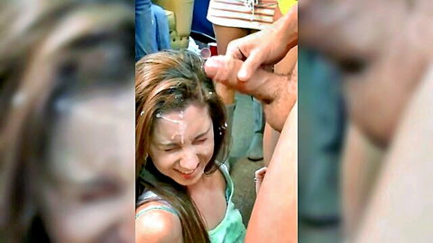 Alex Jones smiling with cum facial in front of friends group scene