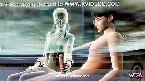 Anime ghost girl with glasses strokes hard cock of naked guy with glasses saying your hand is so soft