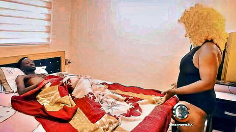 Ebony stepmom in tight dress pulls blanket off stepson in bed