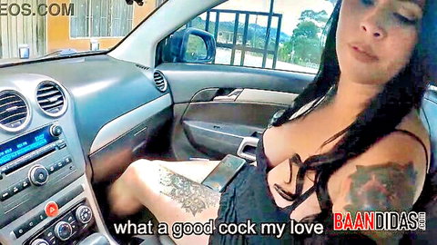 Tattooed brunette stepmom teases with cleavage in car, Baandidas