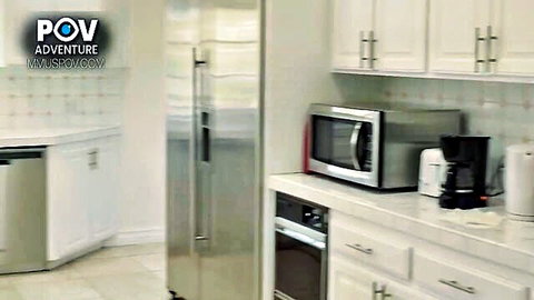 Sexy blonde in POV kitchen rescue adventure with hitchhiker