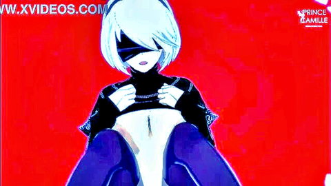 2B Nier Automata hentai exposing breasts in black stockings