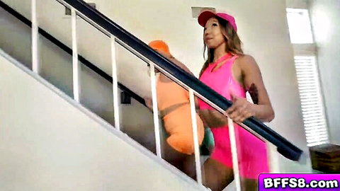 Chloe Surreal, Kimora Quin, Madi Collins in tight athletic wear on stairs after hiking