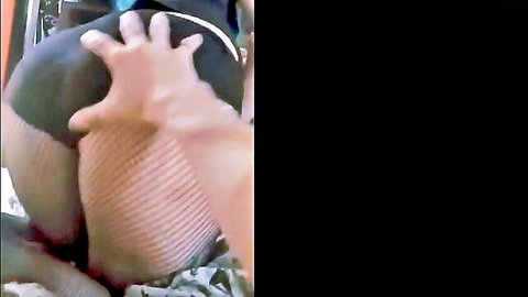 Man's hand spreading woman's fishnet-clad ass cheeks exposing pussy for doggy style fuck