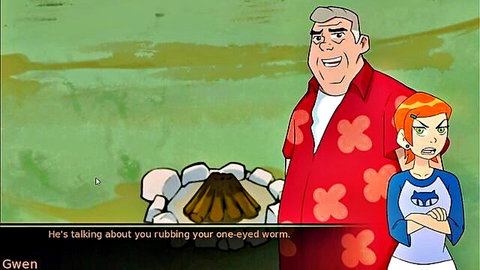 Ben 10 cartoon parody Gwen Tennyson glares annoyed as Max talks about rubbing one-eyed cock worm by campfire