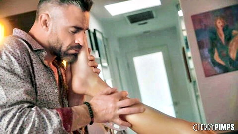 Mila Monet's bare leg caressed intimately in steamy Cherry Pimps scene