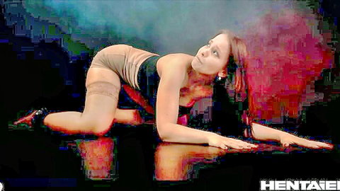 Jennifer Mendez redhead in provocative on-all-fours pose, stockings, Hentaied style