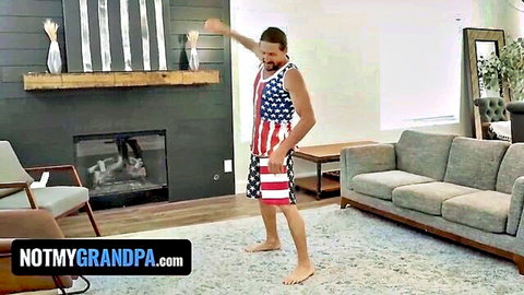 Tommy Gunn in patriotic flag outfit dancing in Not My Grandpa scene with Mae Milano