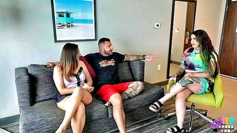 Neveah Rose chats with step brother and friend on couch, amateur tease