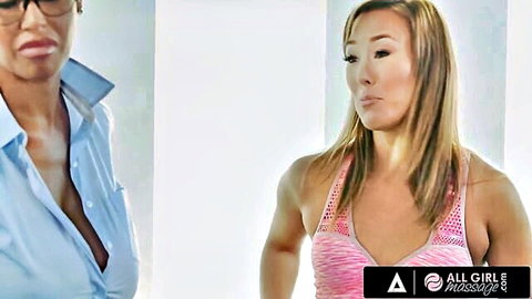 Bridgette B in pink sports bra with ebony inspector in open blouse for all girl massage