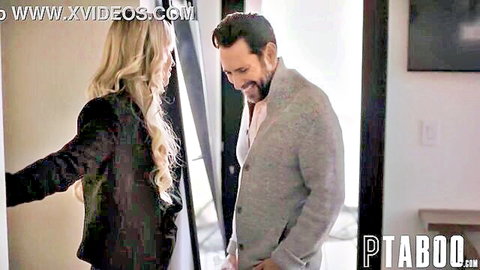 Lilly Bell flirts with Tommy Pistol in taboo encounter, blonde in leather jacket