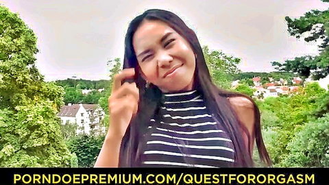 Killa Raketa Asian beauty smiling outdoors in striped top, sensual tease