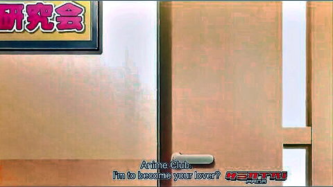 Hentai anime club door scene with seductive lover invitation text