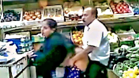 Public supermarket threesome with man groping bent-over brunette