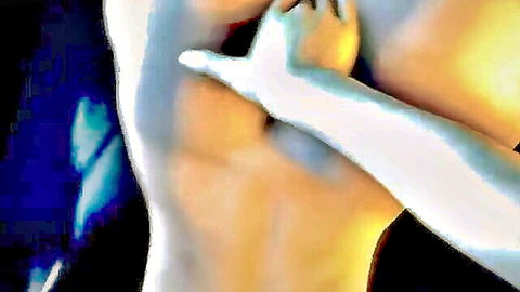 Pale hands groping massive glowing yellow tits in erotic 3D embrace