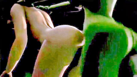 Pale nude woman bent over with thick green tentacle deeply penetrating her tight asshole in 3D CGI hentai.