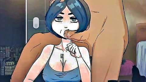 Blue-haired anime girl in tank top teases phallic object orally, hand from behind in time stop scene