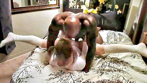 Amber Blank petite teen in white thigh highs fucked doggy by huge BBC
