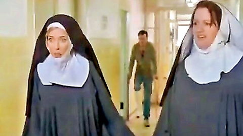 Two sexy nuns in habits stride down hallway chasing limping man for forbidden fuck