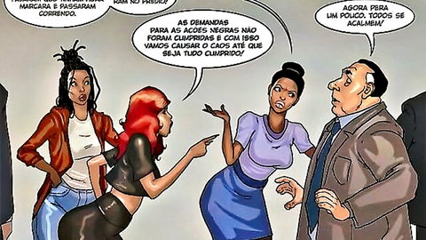 Comic-style busty ebony and redhead women confronting suited older man