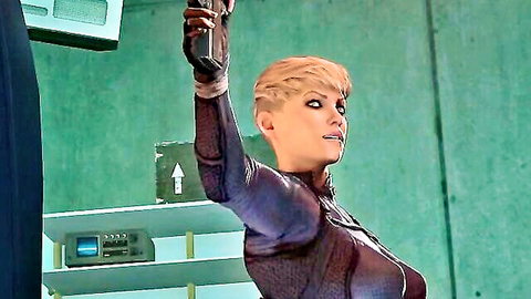 Sexy blonde in tight latex suit holding gun in sci-fi doctor scene