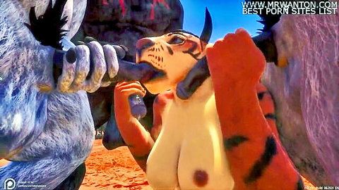 3D CGI furry tiger girl with big tits sucks massive blue cock while grabbed by beast paws in rough gangbang.