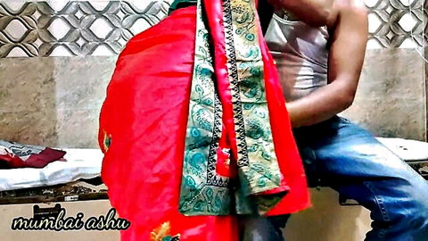 Indian wife in red saree fucked doggy style from behind showing big ass and pussy