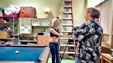 Petite blonde teen in tight crop top showing small tits and belly teases older DILF cameraman in amateur room