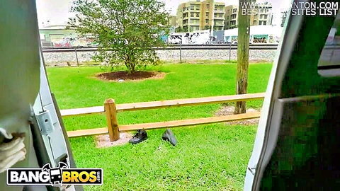 Rose Monroe in provocative outdoor BangBus pickup scene by the tracks
