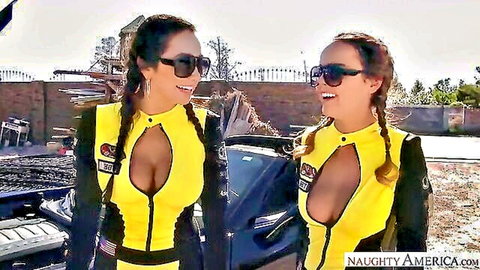 Dillion Harper & Karlee Grey in sexy yellow racing suits, busty brunettes outdoors
