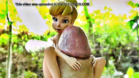 Cartoon Tinkerbell fairy hugs massive purple cock against her nude skinny body and small tits