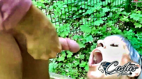 German amateur woman giving outdoor public blowjob in cumshot compilation