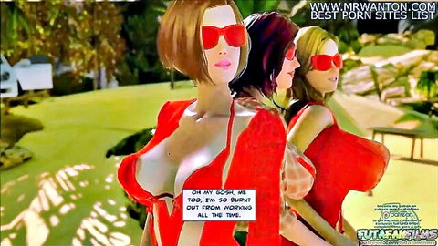 Three busty futanari in red dresses, horny outdoors daytrip orgy