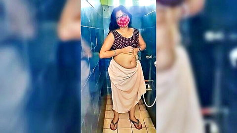 Desi Arpita in red blouse and saree wrap, bathroom tease