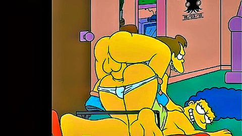 Marge Simpson in doggy style with Homer exposing genitals
