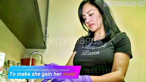 Gloved brunette prepares enema injection smiling in kitchen wearing tight black t-shirt