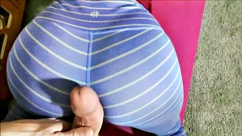 Thick cock tip grinding against big ass in tight purple striped leggings