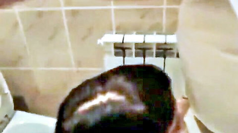 Amateur POV of quick bathroom action at party, dark-haired man