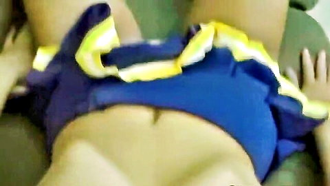 Asian cheerleader upskirt exposing shaved pussy, solo amateur flash