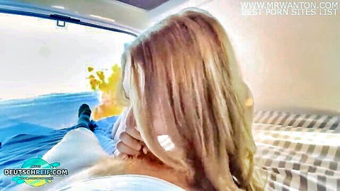 Blonde mature woman fucked doggy style in public van at beach