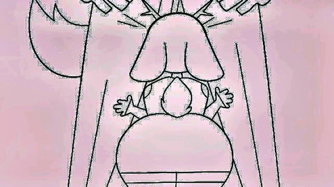 Cartoon teen girl with huge bubble butt bent over exposing pink pussy and asshole for small boy's hands