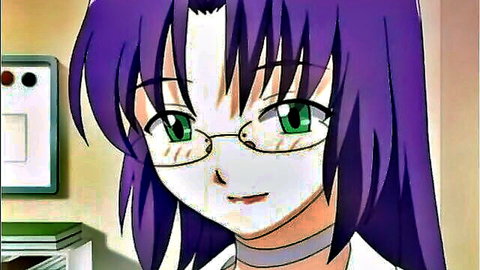 Cute purple-haired anime girl with green eyes and glasses smiling