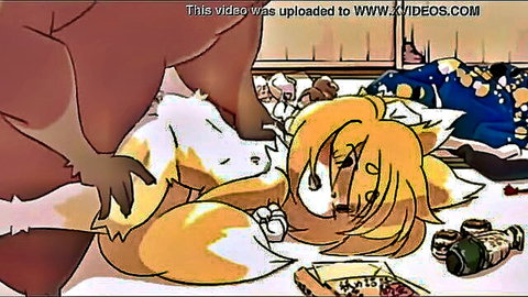 Furry yiff art of muscular bear embracing curvy blonde fox intimately